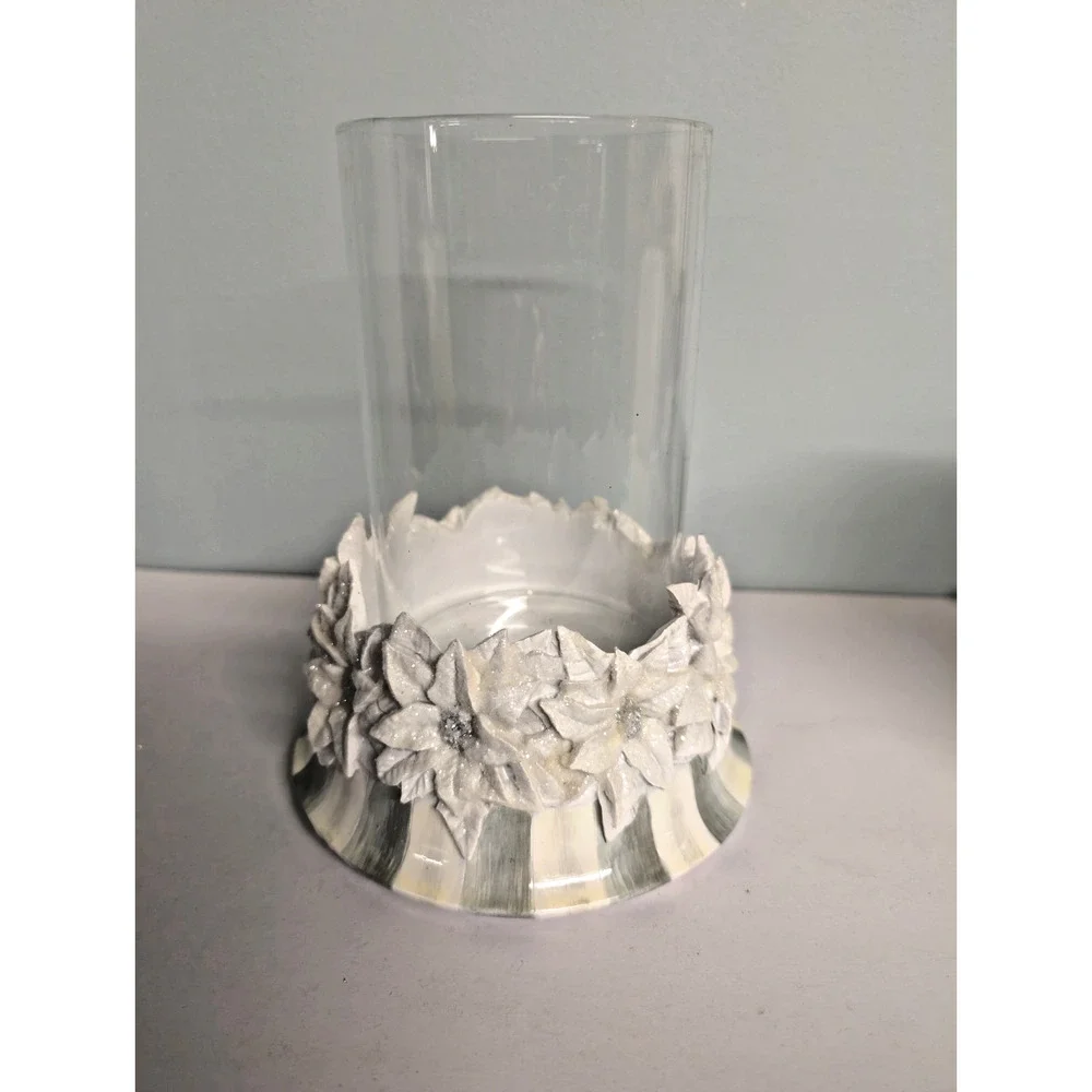 Mackenzie Childs Crystal Palace Sterling Stripe Poinsettia Pillar Candle Holder